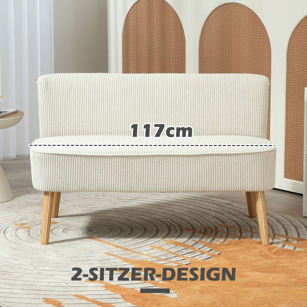 Sofa 2 seater modern couch without armrests, upholstered sofa with corduroy look, small lounge sofa with wooden legs for living room, 117 x 56.5 x 77 cm, cream white