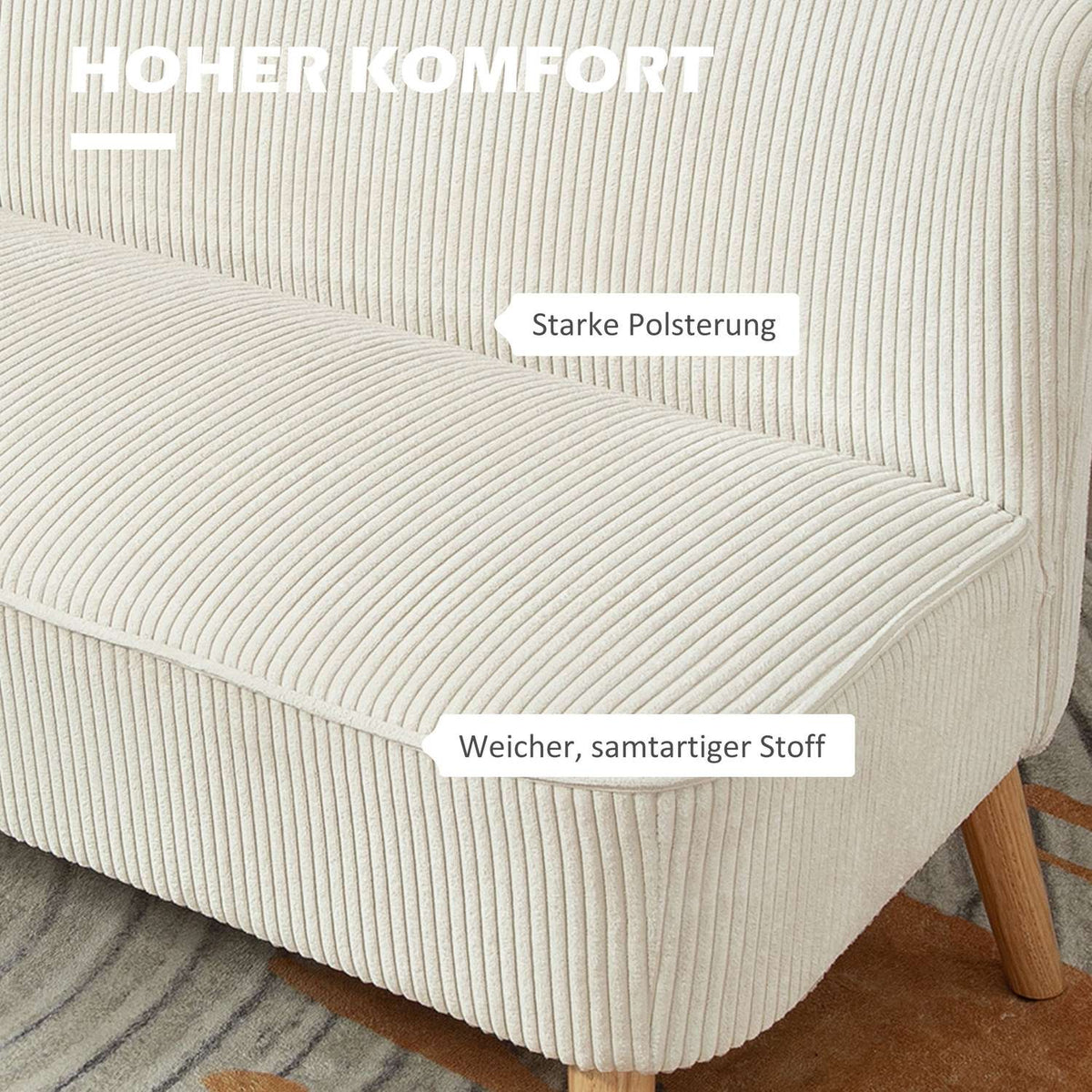 Sofa 2 seater modern couch without armrests, upholstered sofa with corduroy look, small lounge sofa with wooden legs for living room, 117 x 56.5 x 77 cm, cream white