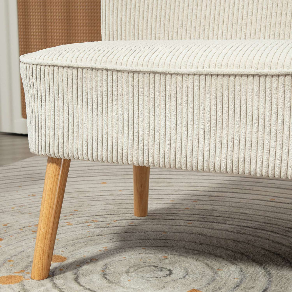 Sofa 2 seater modern couch without armrests, upholstered sofa with corduroy look, small lounge sofa with wooden legs for living room, 117 x 56.5 x 77 cm, cream white