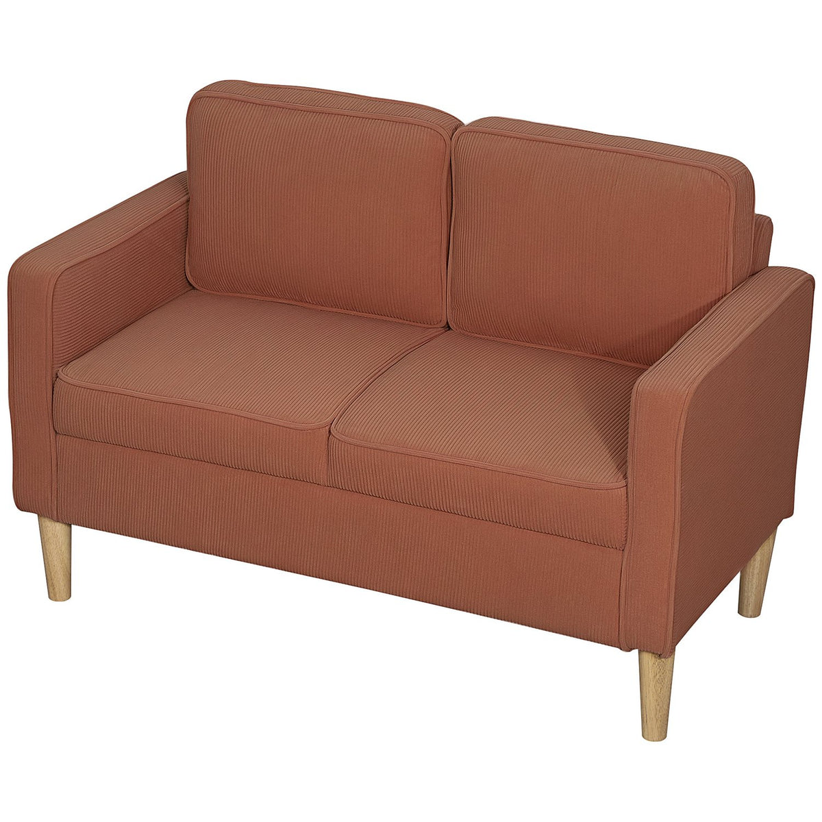 Sofa 2 seater small couch with armrests, storage space, modern upholstered sofa with cord look, wooden legs, cushions, lounge sofa for living room, bedroom, 117 x 63 x 79 cm, pink