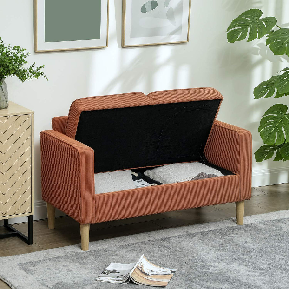 Sofa 2 seater small couch with armrests, storage space, modern upholstered sofa with cord look, wooden legs, cushions, lounge sofa for living room, bedroom, 117 x 63 x 79 cm, pink