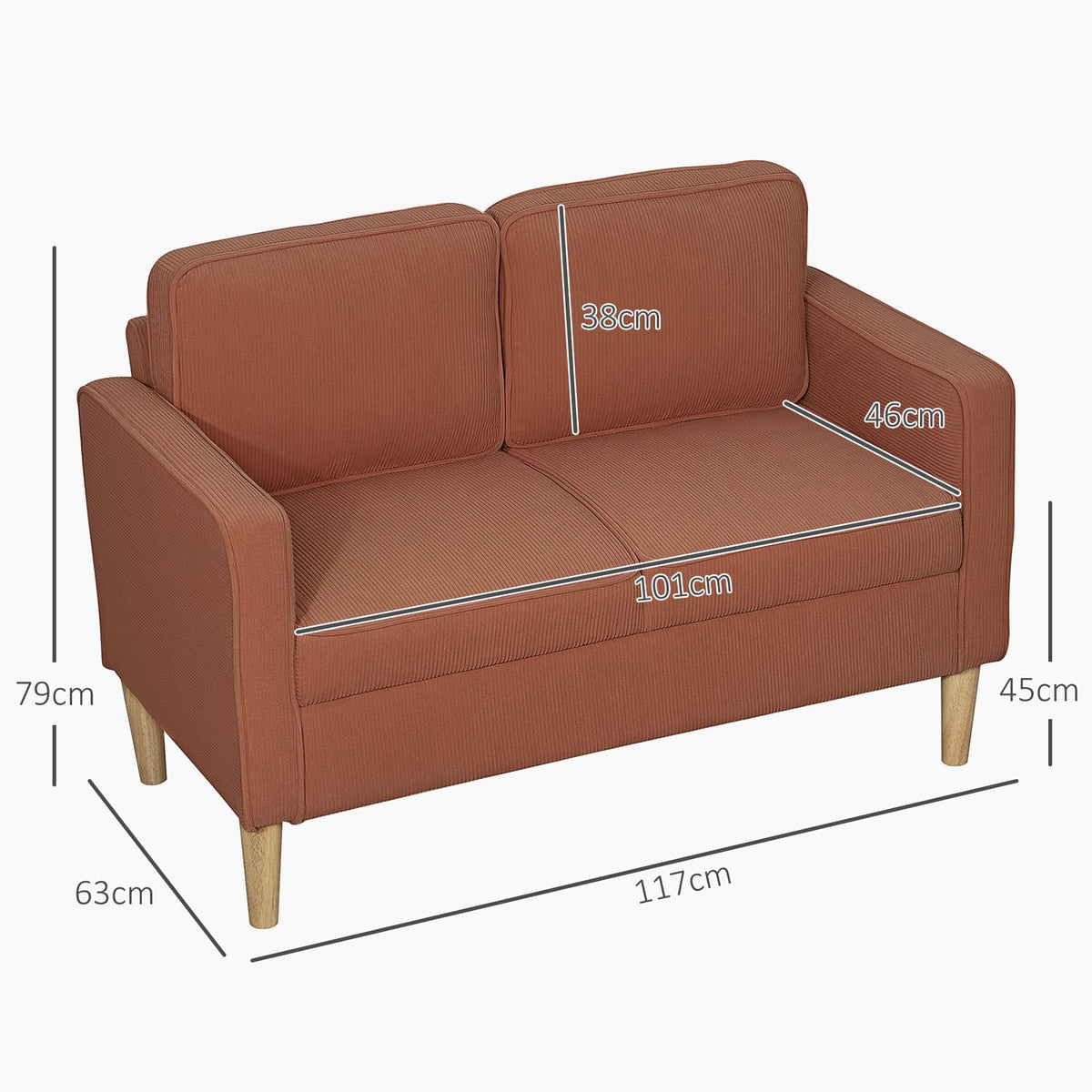 Sofa 2 seater small couch with armrests, storage space, modern upholstered sofa with cord look, wooden legs, cushions, lounge sofa for living room, bedroom, 117 x 63 x 79 cm, pink