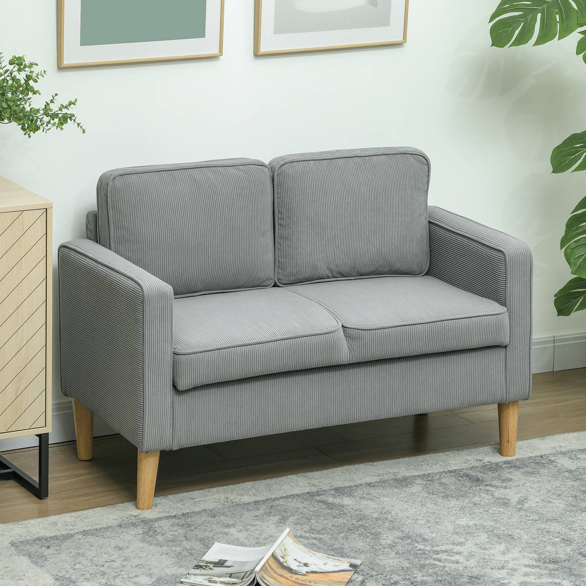 Sofa 2 seater small couch with armrests, storage space, modern upholstered sofa with corduroy look, wooden legs, cushions, lounge sofa for living room, bedroom, 117 x 63 x 79 cm, light gray