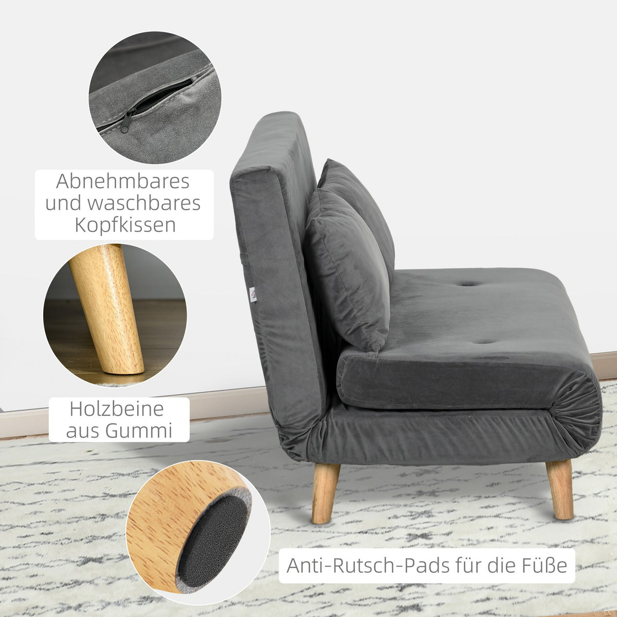 Sofa Bed 2-Seater Sofa With Bed Function, Folding Sofa With Adjustable Backrest, Cushions, Sofa Bed With Velvet Look, Gray, 130 X 78 X 79Cm