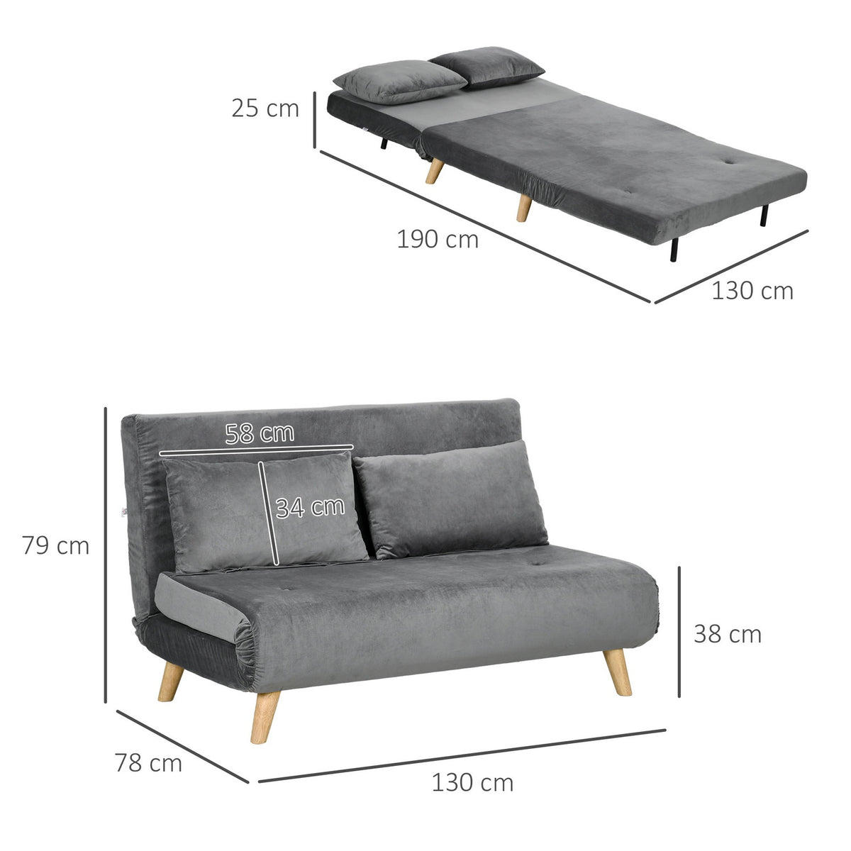 Sofa Bed 2-Seater Sofa With Bed Function, Folding Sofa With Adjustable Backrest, Cushions, Sofa Bed With Velvet Look, Gray, 130 X 78 X 79Cm