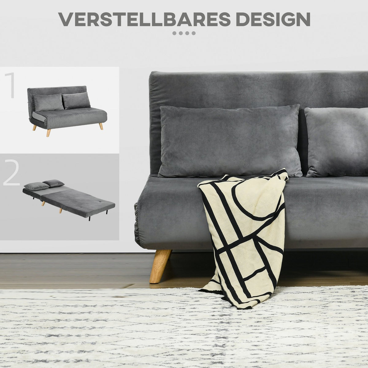 Sofa Bed 2-Seater Sofa With Bed Function, Folding Sofa With Adjustable Backrest, Cushions, Sofa Bed With Velvet Look, Gray, 130 X 78 X 79Cm