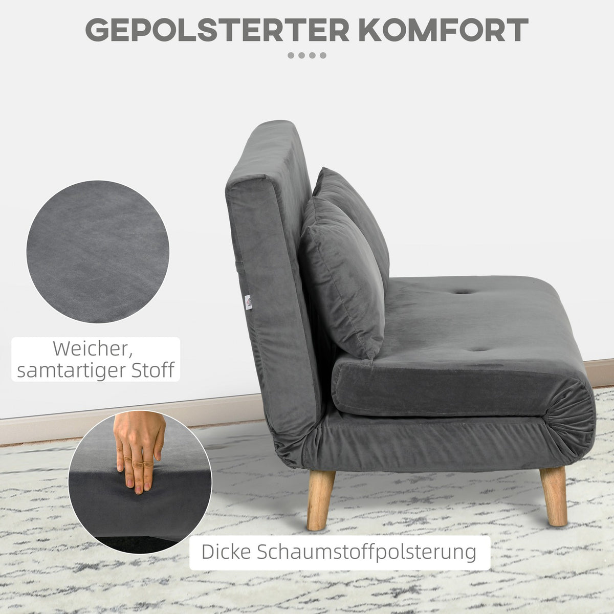 Sofa Bed 2-Seater Sofa With Bed Function, Folding Sofa With Adjustable Backrest, Cushions, Sofa Bed With Velvet Look, Gray, 130 X 78 X 79Cm