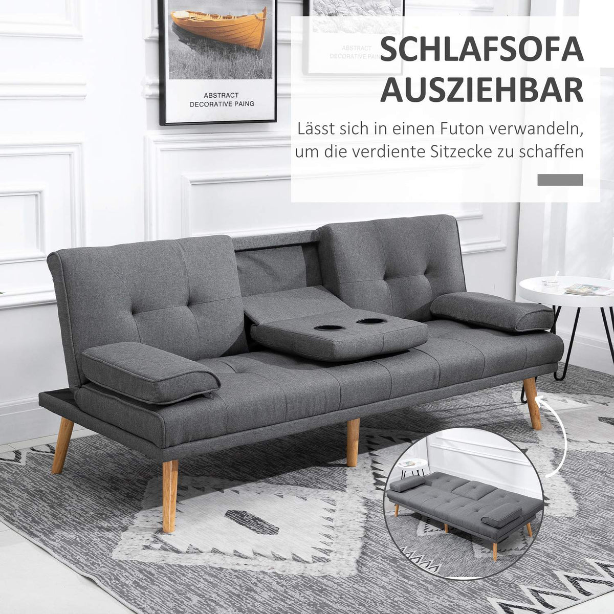 Sofa Bed 3-Seater Sofa Bed With Folding Table, Cup Holder, Scandi Design, Dark Gray, Up To 250Kg