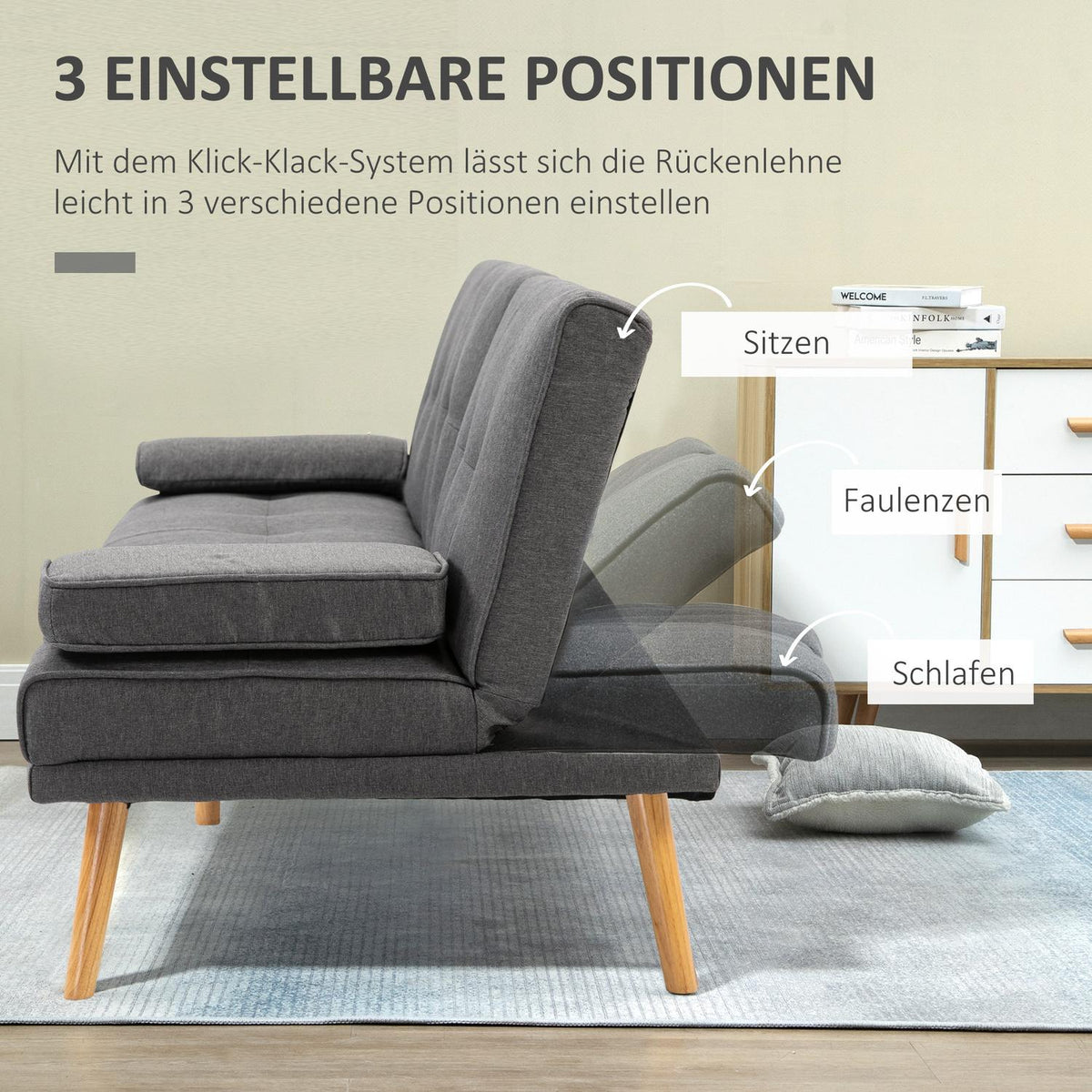 Sofa Bed 3-Seater Sofa Bed With Folding Table, Cup Holder, Scandi Design, Dark Gray, Up To 250Kg