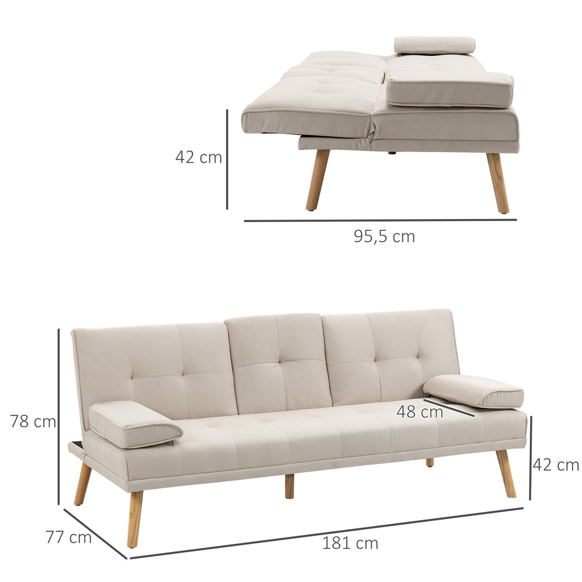 Sofa Bed, 3-Seater Sofa, Sofa Bed With Folding Table, Fabric Sofa With Linen Look, In Scandi Design, Load Capacity Up To 250 Kg