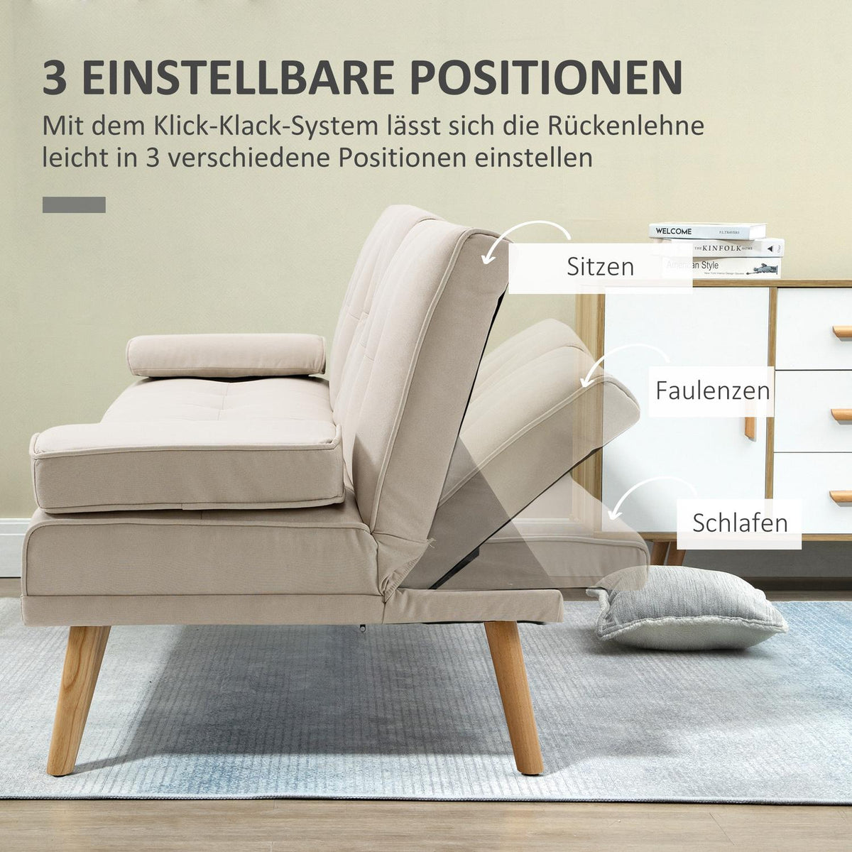 Sofa Bed, 3-Seater Sofa, Sofa Bed With Folding Table, Fabric Sofa With Linen Look, In Scandi Design, Load Capacity Up To 250 Kg