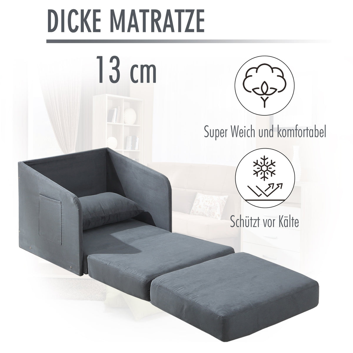 Sofa Bed 70X76X77Cm Sofa Bed, Single Sofa With Washable Cover, 2 Side Pockets, Cushions, Metal, Gray