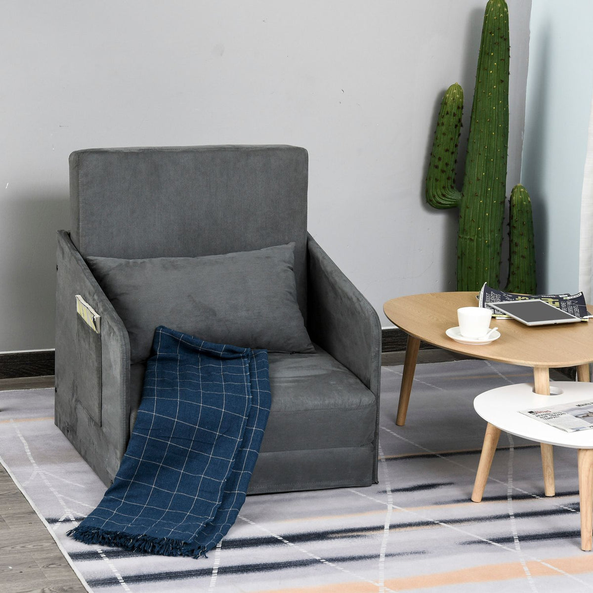 Sofa Bed 70X76X77Cm Sofa Bed, Single Sofa With Washable Cover, 2 Side Pockets, Cushions, Metal, Gray