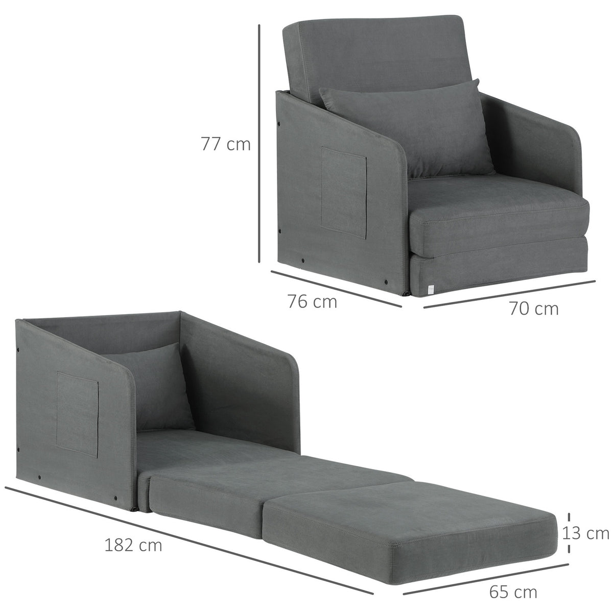 Sofa Bed 70X76X77Cm Sofa Bed, Single Sofa With Washable Cover, 2 Side Pockets, Cushions, Metal, Gray