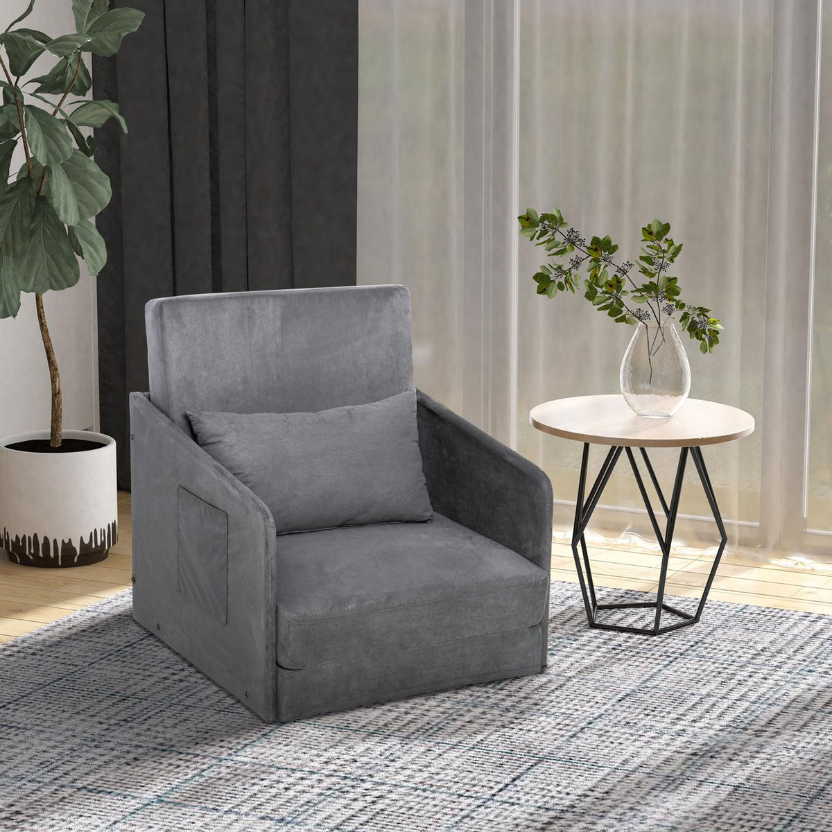 Sofa Bed 70X76X77Cm Sofa Bed, Single Sofa With Washable Cover, 2 Side Pockets, Cushions, Metal, Gray
