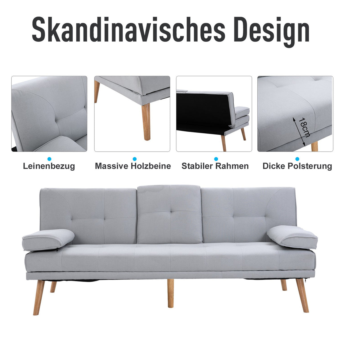 Sofa Bed Comfortable Sofa Bed, 3 Seater, Sofa Bed, Linen, Light Gray, 181X77X72Cm