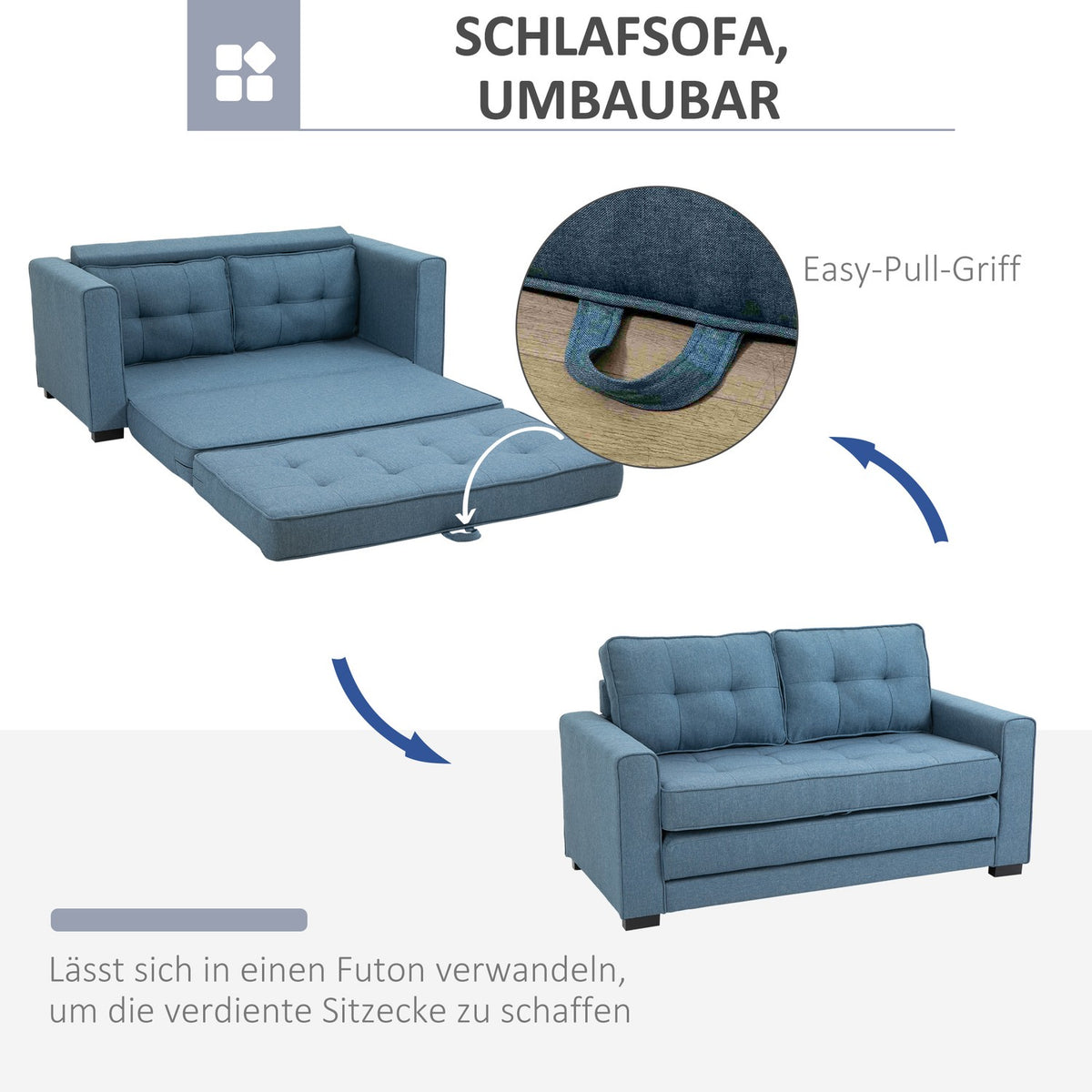 Sofa Bed Folding Sofa 2-Seater Fabric Sofa Bed Sofa With Sleeping Function Sofa Set Linen Touch Rubber Wood Blue 147.5 X 75 X 85 Cm