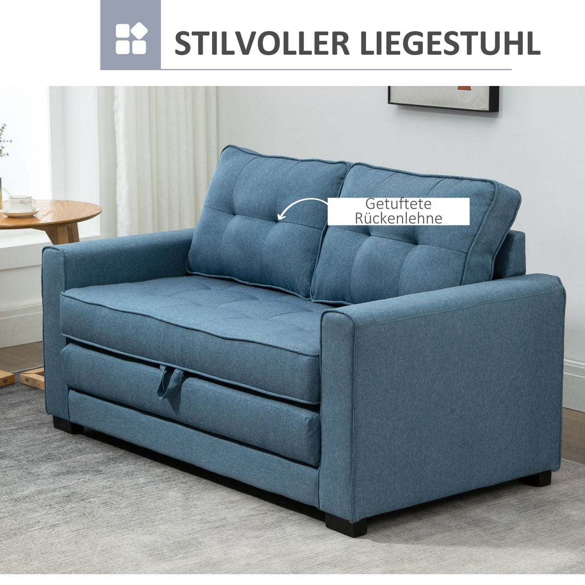 Sofa Bed Folding Sofa 2-Seater Fabric Sofa Bed Sofa With Sleeping Function Sofa Set Linen Touch Rubber Wood Blue 147.5 X 75 X 85 Cm