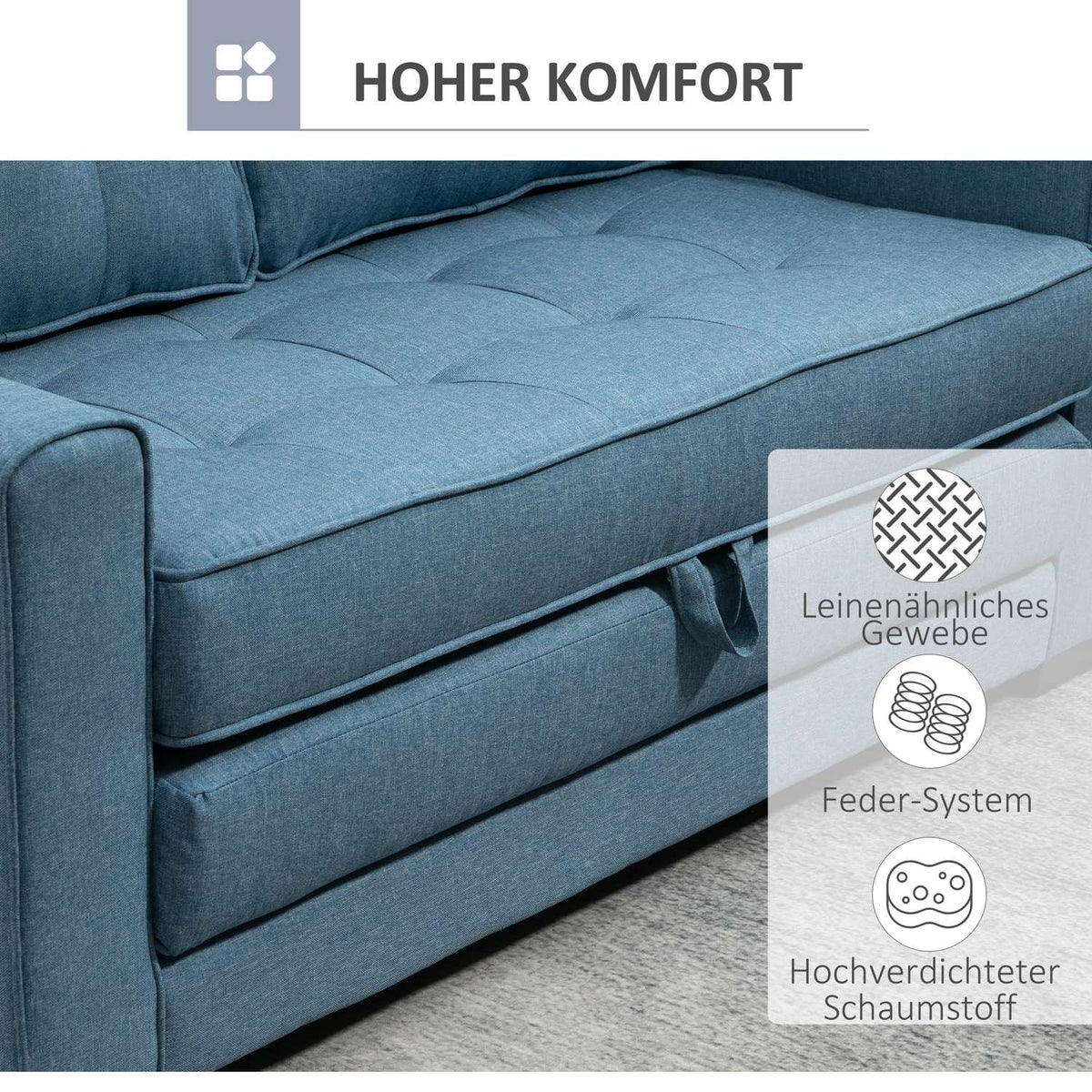 Sofa Bed Folding Sofa 2-Seater Fabric Sofa Bed Sofa With Sleeping Function Sofa Set Linen Touch Rubber Wood Blue 147.5 X 75 X 85 Cm