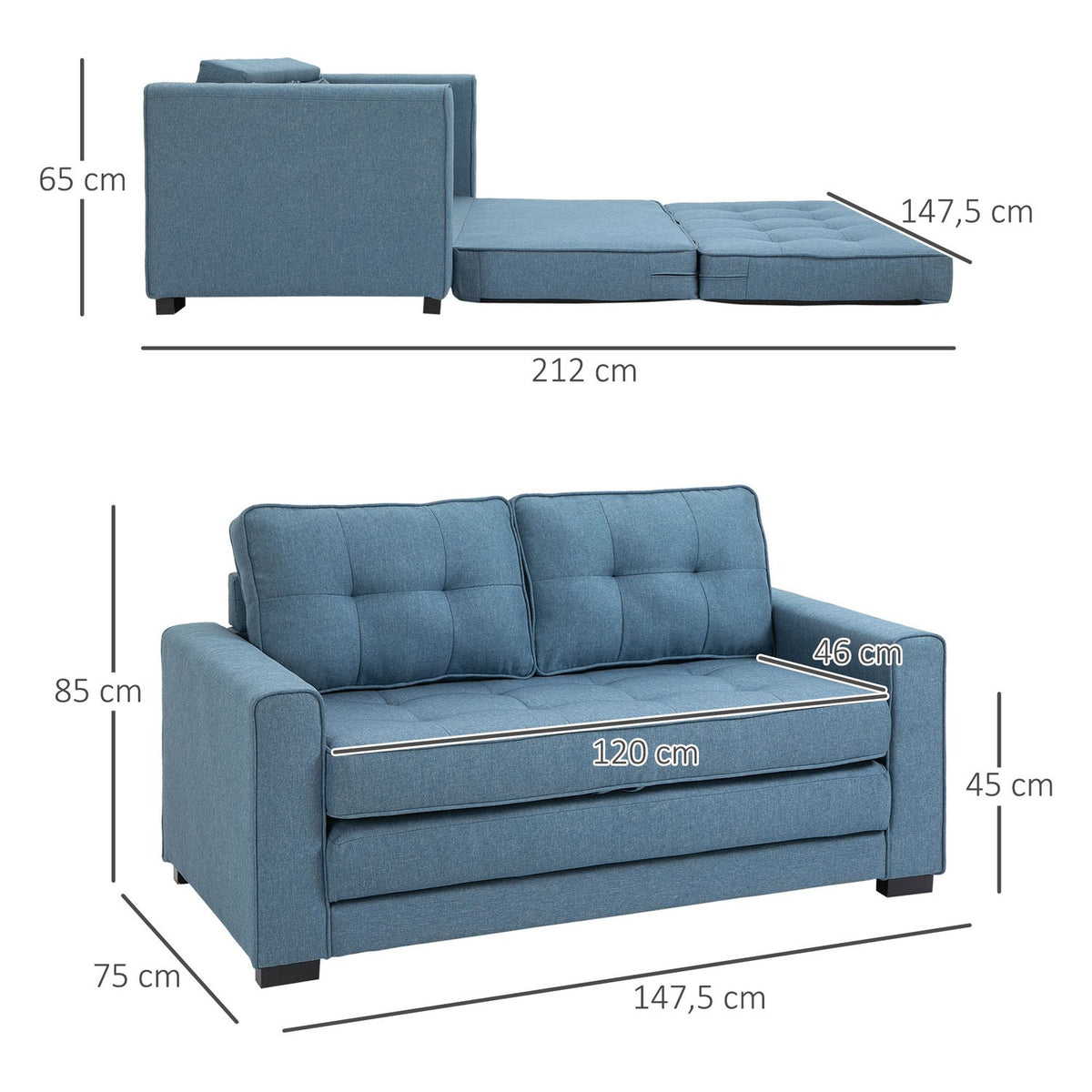 Sofa Bed Folding Sofa 2-Seater Fabric Sofa Bed Sofa With Sleeping Function Sofa Set Linen Touch Rubber Wood Blue 147.5 X 75 X 85 Cm