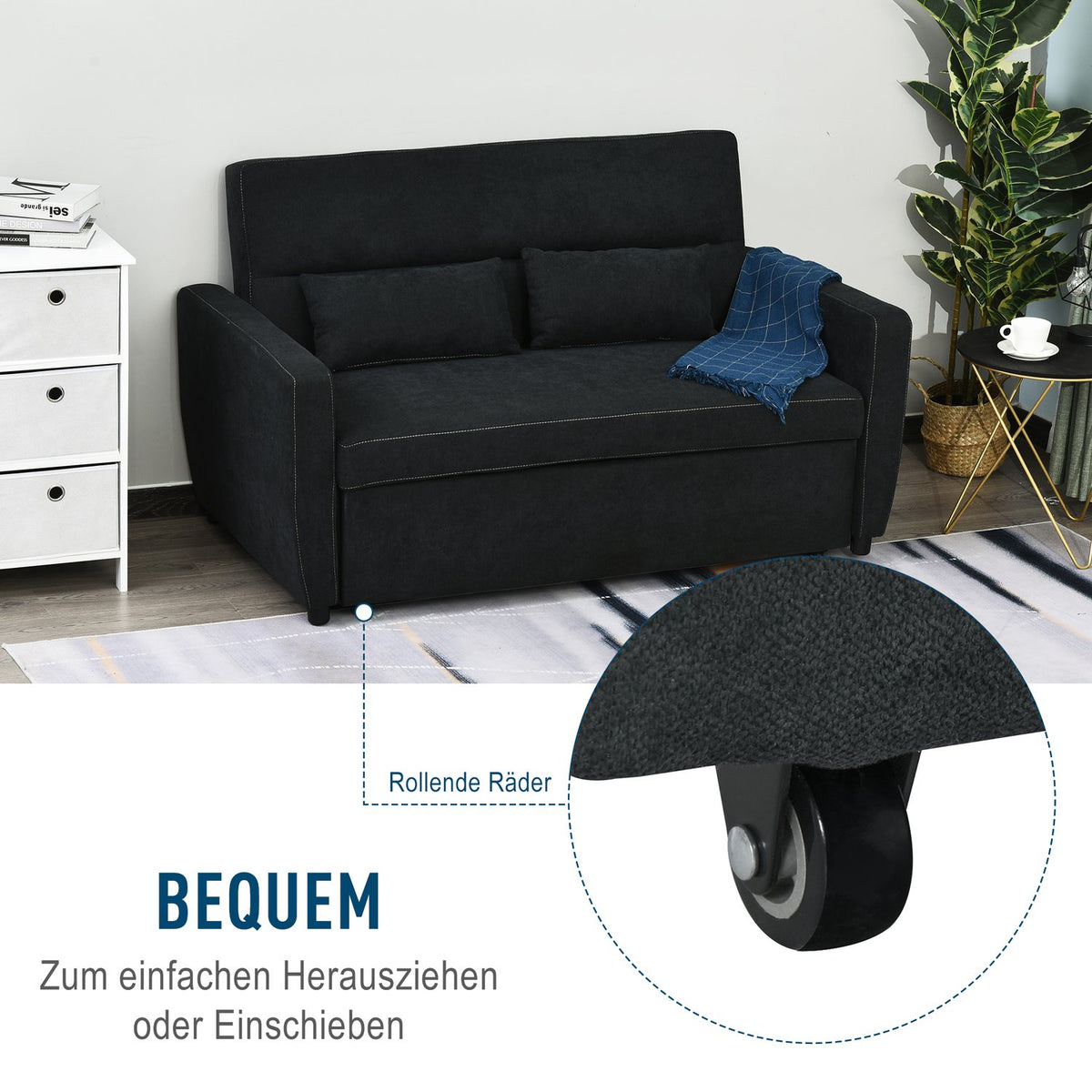 Sofa Bed, Folding Sofa, 2-Seater Fabric Sofa, Sofa Bed, Sofa With Sleep Function, Sofa Set, Adjustable Angle, Black, 148 X 82 X 89 Cm