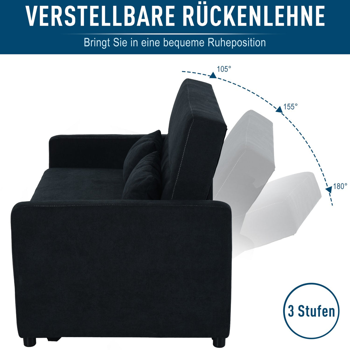 Sofa Bed, Folding Sofa, 2-Seater Fabric Sofa, Sofa Bed, Sofa With Sleep Function, Sofa Set, Adjustable Angle, Black, 148 X 82 X 89 Cm
