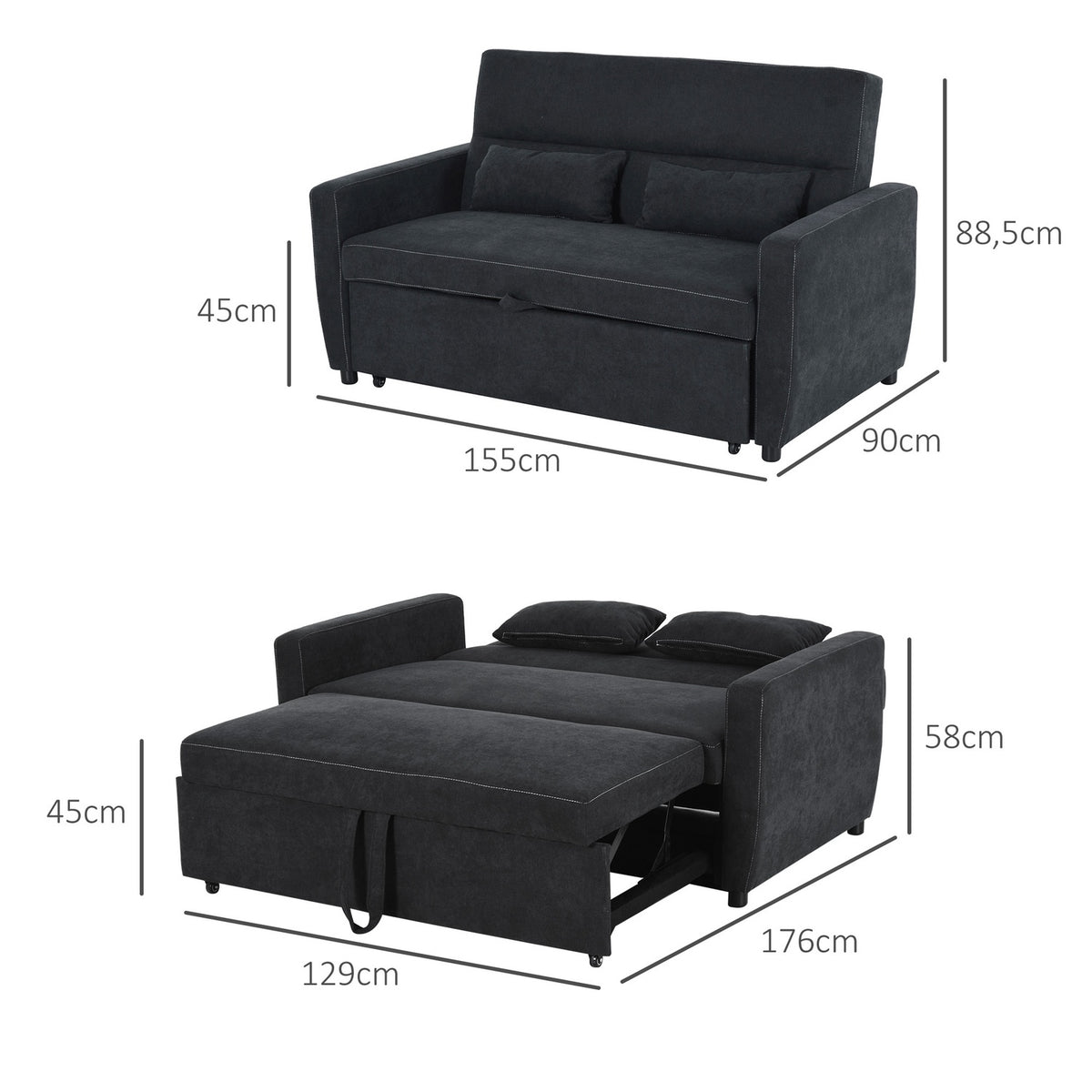 Sofa Bed, Folding Sofa, 2-Seater Fabric Sofa, Sofa Bed, Sofa With Sleep Function, Sofa Set, Adjustable Angle, Black, 148 X 82 X 89 Cm
