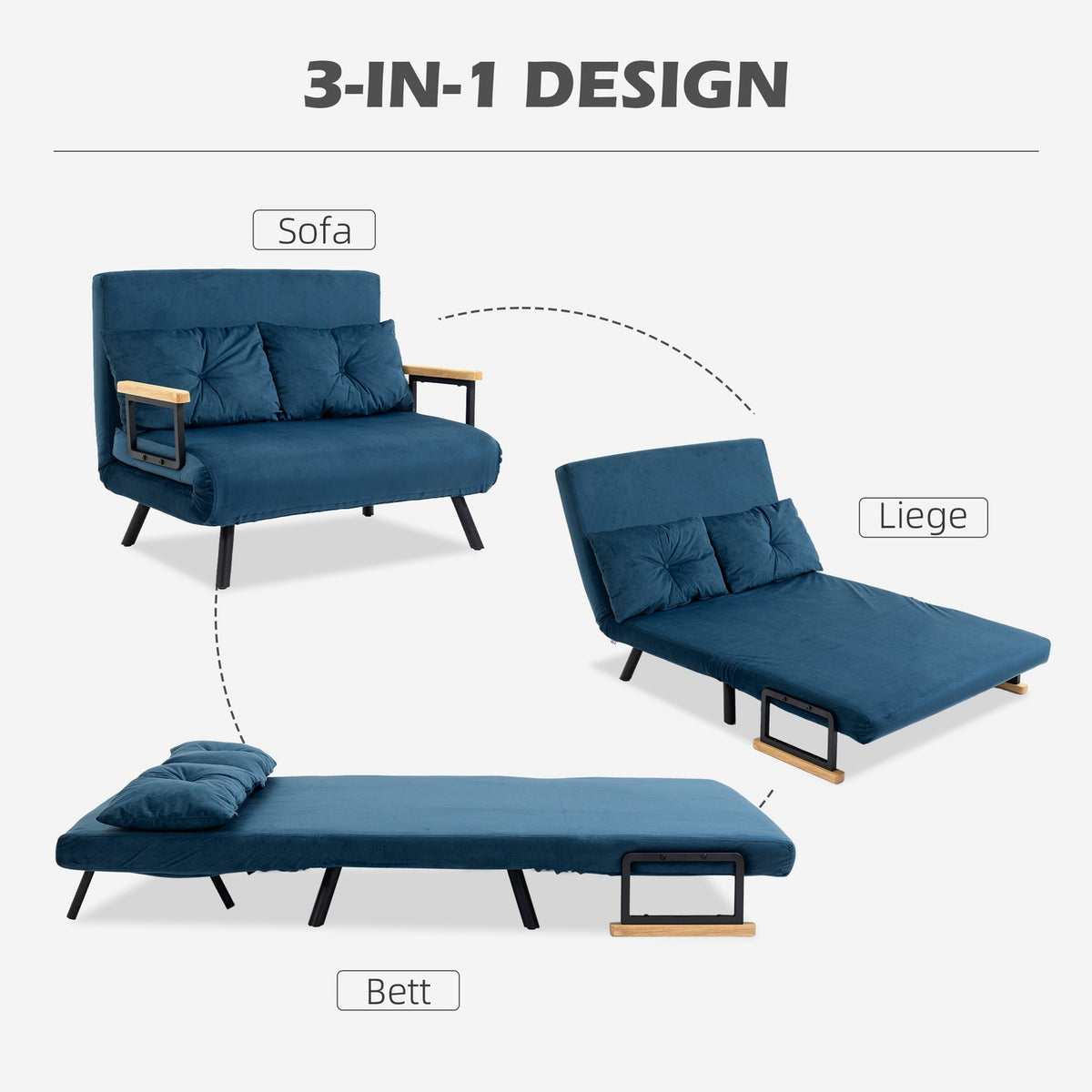 Sofa Bed Relax Chair Bed Function Folding Sofa Velvet Back Cushion Adjustable Backrest Blue 102X73X81Cm
