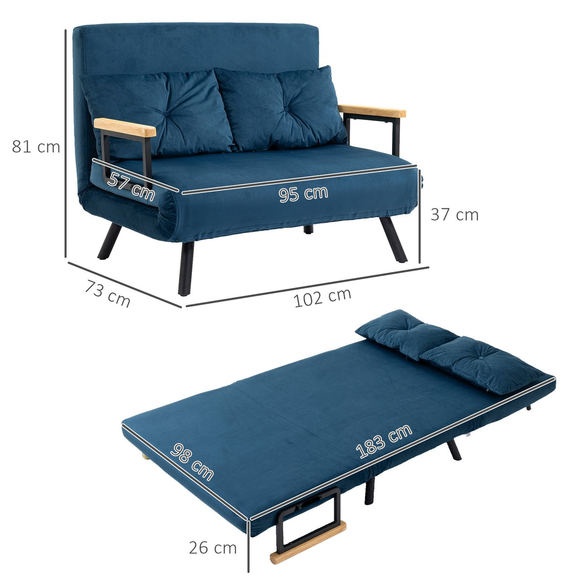 Sofa Bed Relax Chair Bed Function Folding Sofa Velvet Back Cushion Adjustable Backrest Blue 102X73X81Cm