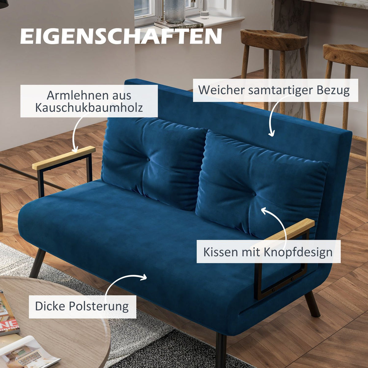 Sofa Bed Relax Chair Bed Function Folding Sofa Velvet Back Cushion Adjustable Backrest Blue 102X73X81Cm