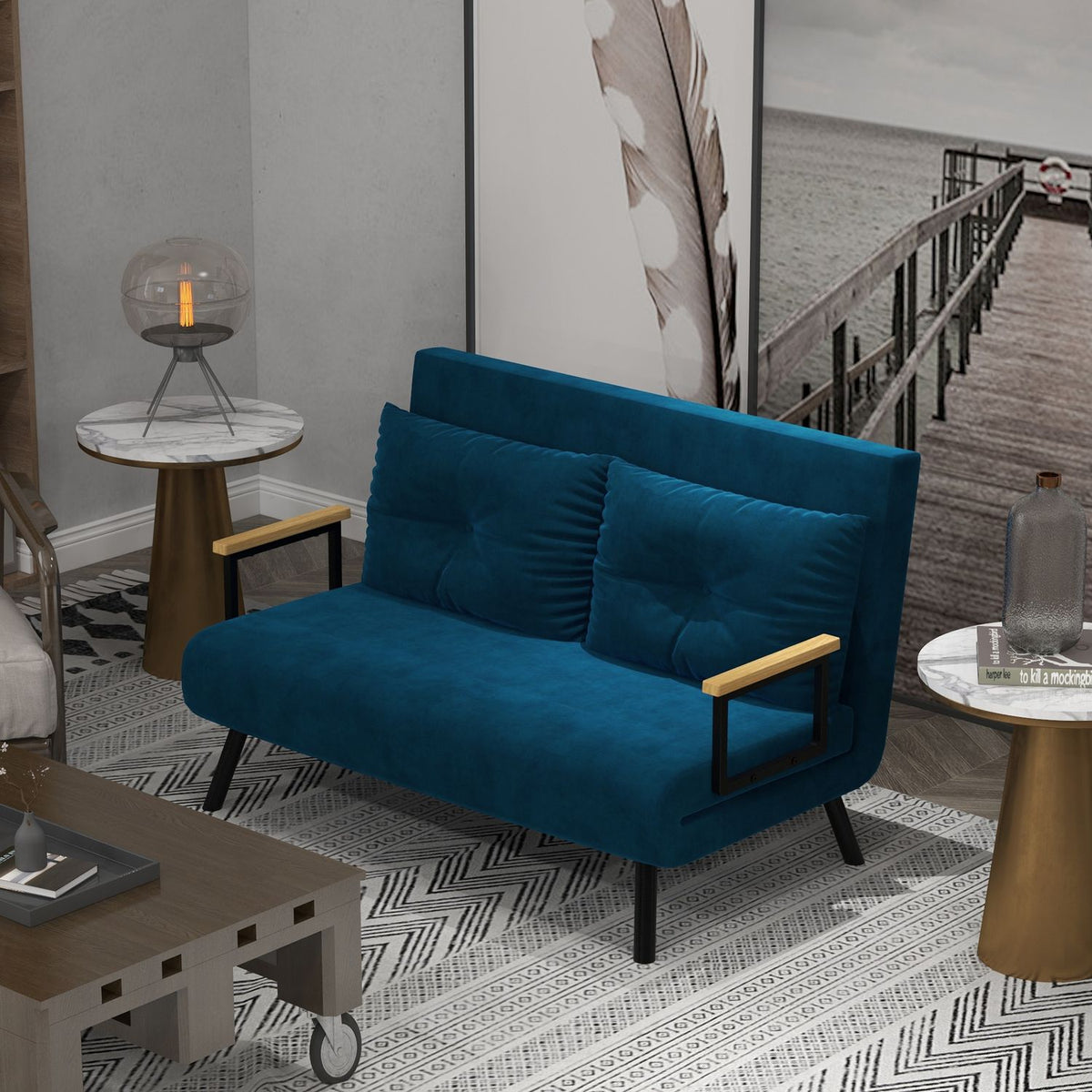 Sofa Bed Relax Chair Bed Function Folding Sofa Velvet Back Cushion Adjustable Backrest Blue 102X73X81Cm