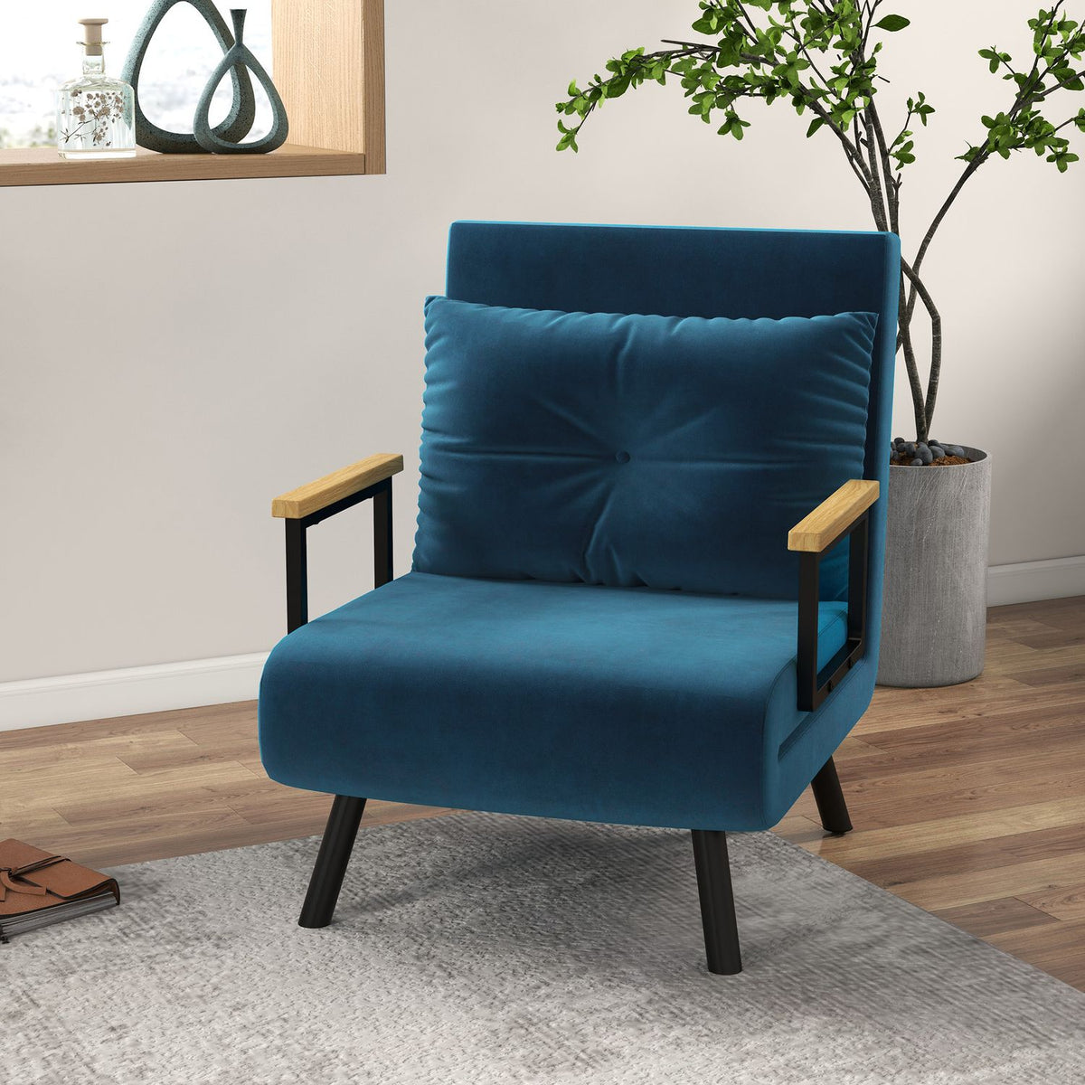 Sofa Bed Relax Chair Bed Function Guest Bed Velvet Back Cushion Adjustable Backrest Blue 63X73X81Cm