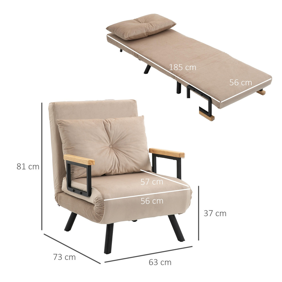 Sofa Bed, Relaxation Chair With Bed Function, Guest Bed With Velvet Look, Back Cushion, Upholstered Sofa With Adjustable Backrest, Beige, 63 X 73 X 81 Cm