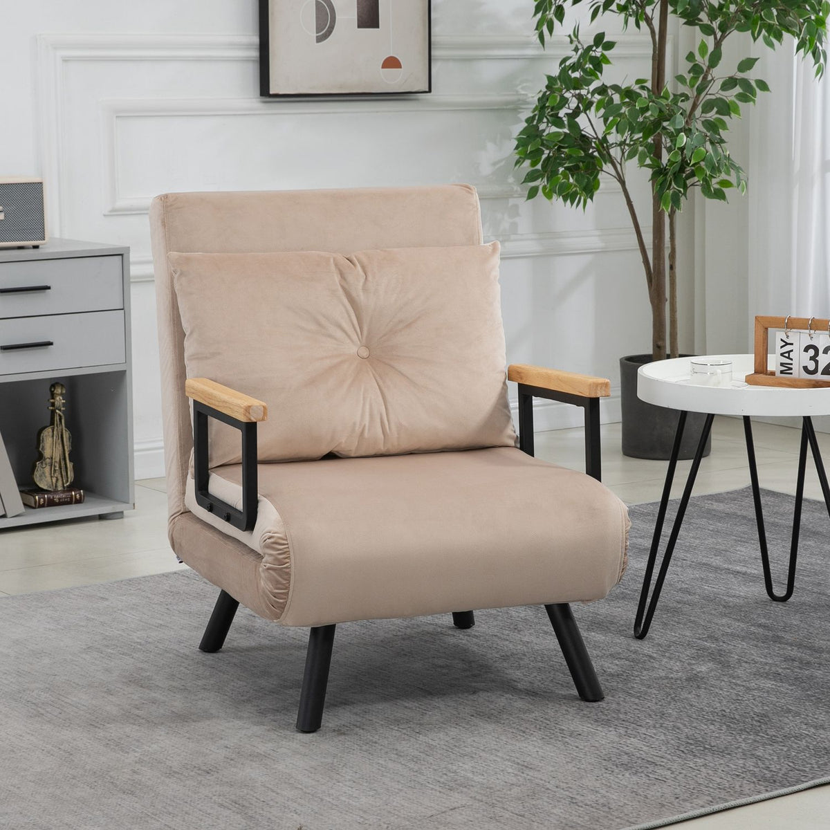 Sofa Bed, Relaxation Chair With Bed Function, Guest Bed With Velvet Look, Back Cushion, Upholstered Sofa With Adjustable Backrest, Beige, 63 X 73 X 81 Cm