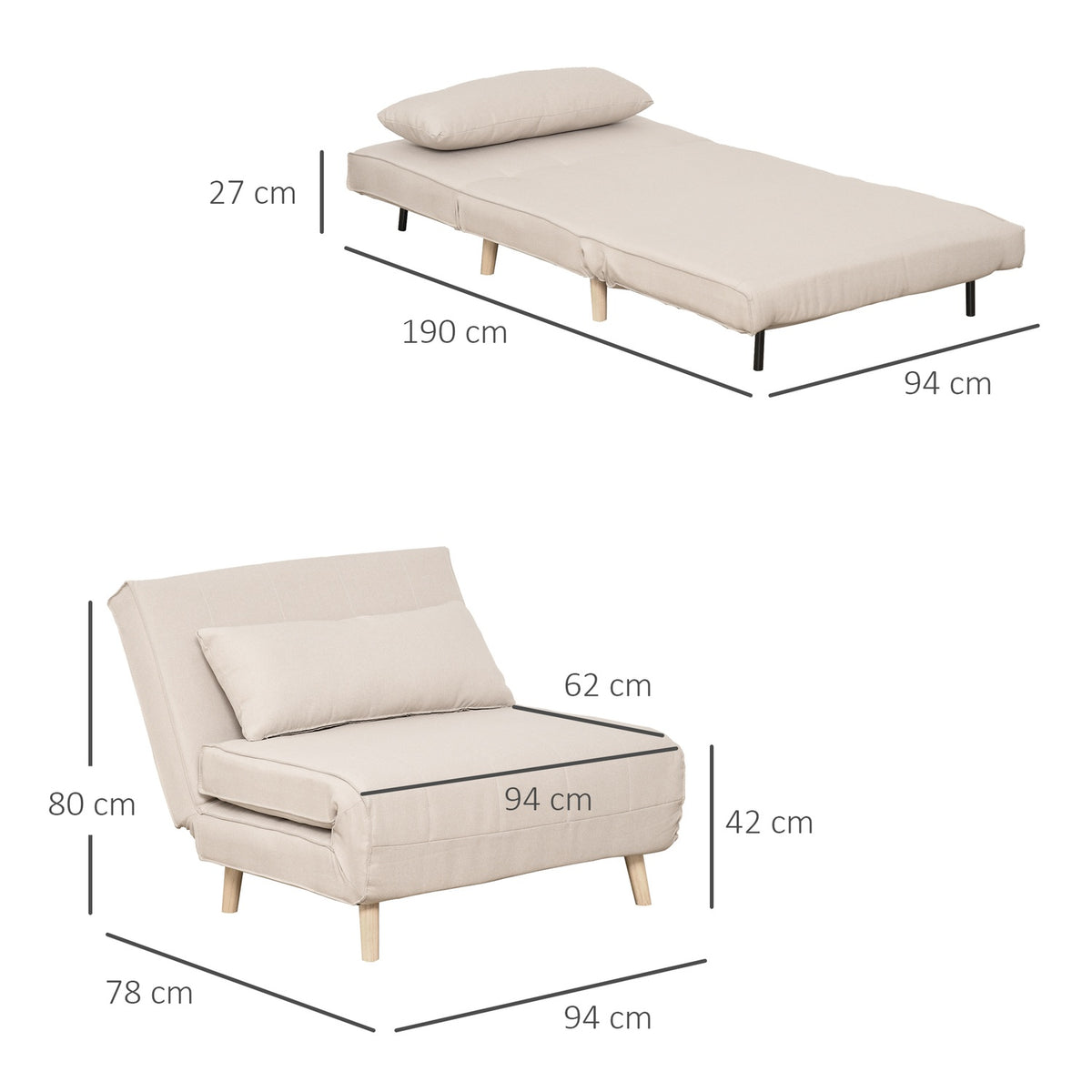 Sofa Bed, Single Sofa, Sofa Bed, Folding Sofa With Adjustable Backrest, Nordic, Imitation Linen