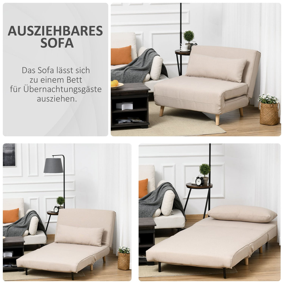 Sofa Bed, Single Sofa, Sofa Bed, Folding Sofa With Adjustable Backrest, Nordic, Imitation Linen