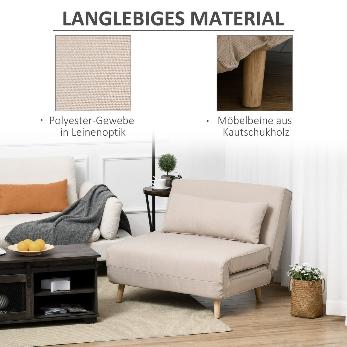 Sofa Bed, Single Sofa, Sofa Bed, Folding Sofa With Adjustable Backrest, Nordic, Imitation Linen