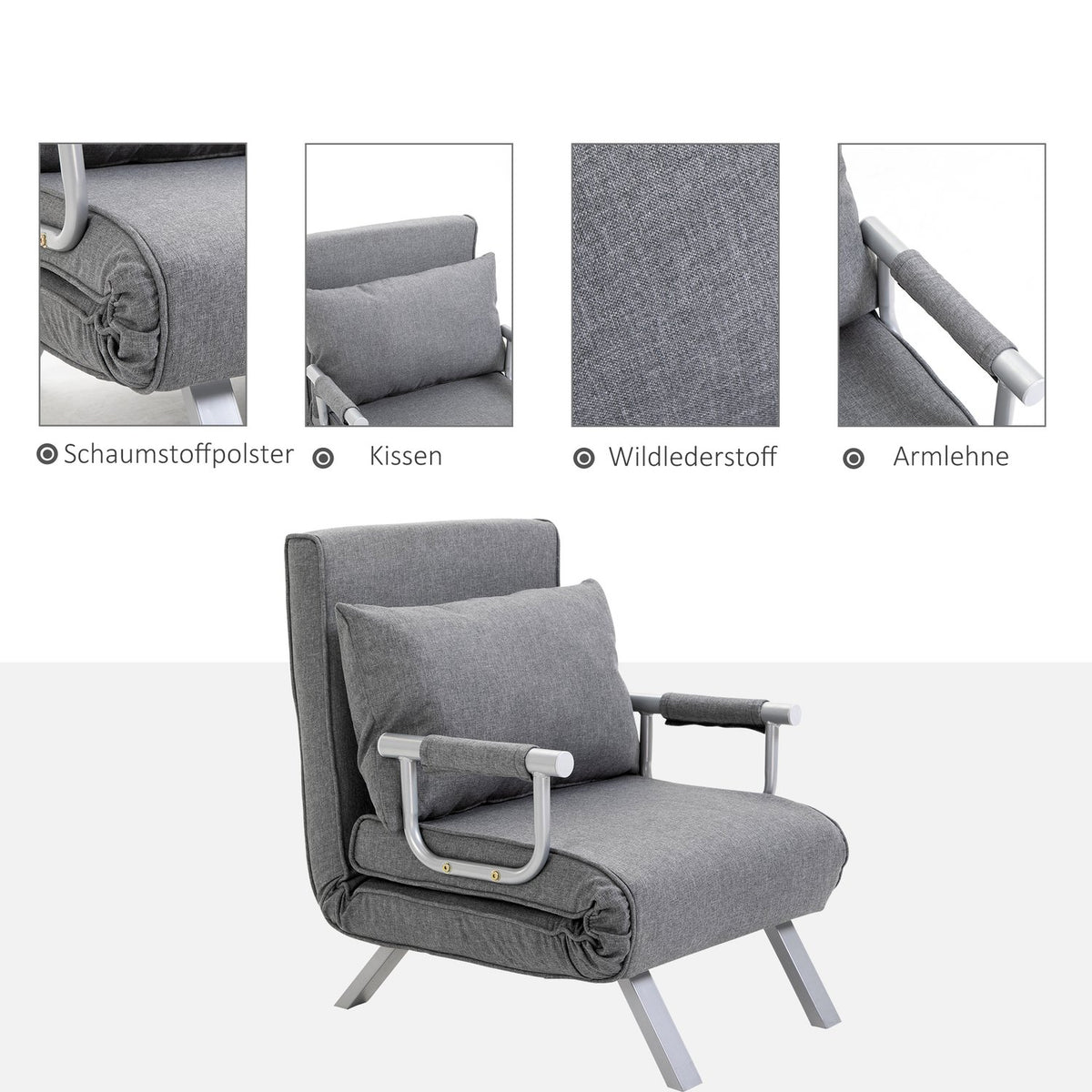 Sofa Bed With Armrests 65X69X80Cm 3-In-1 Sofa Bed, Guest Bed, Chaise Longue, Linen-Like Polyester, Grey