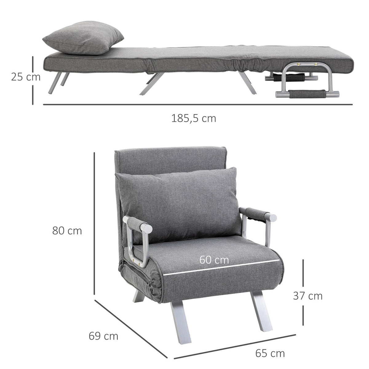 Sofa Bed With Armrests 65X69X80Cm 3-In-1 Sofa Bed, Guest Bed, Chaise Longue, Linen-Like Polyester, Grey