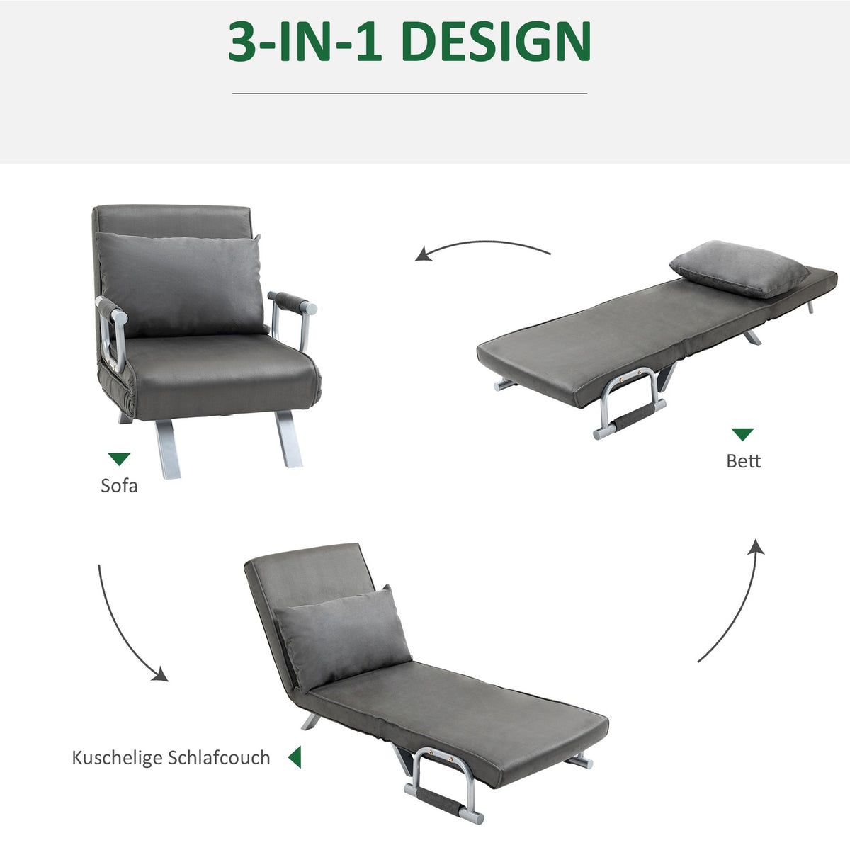 Sofa Bed With Armrests 65X69X80Cm 3-In-1 Sofa Bed, Guest Bed, Folding Mattress, Chaise Longue, Faux Leather, Gray