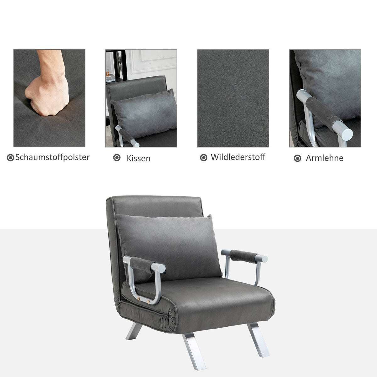 Sofa Bed With Armrests 65X69X80Cm 3-In-1 Sofa Bed, Guest Bed, Folding Mattress, Chaise Longue, Faux Leather, Gray