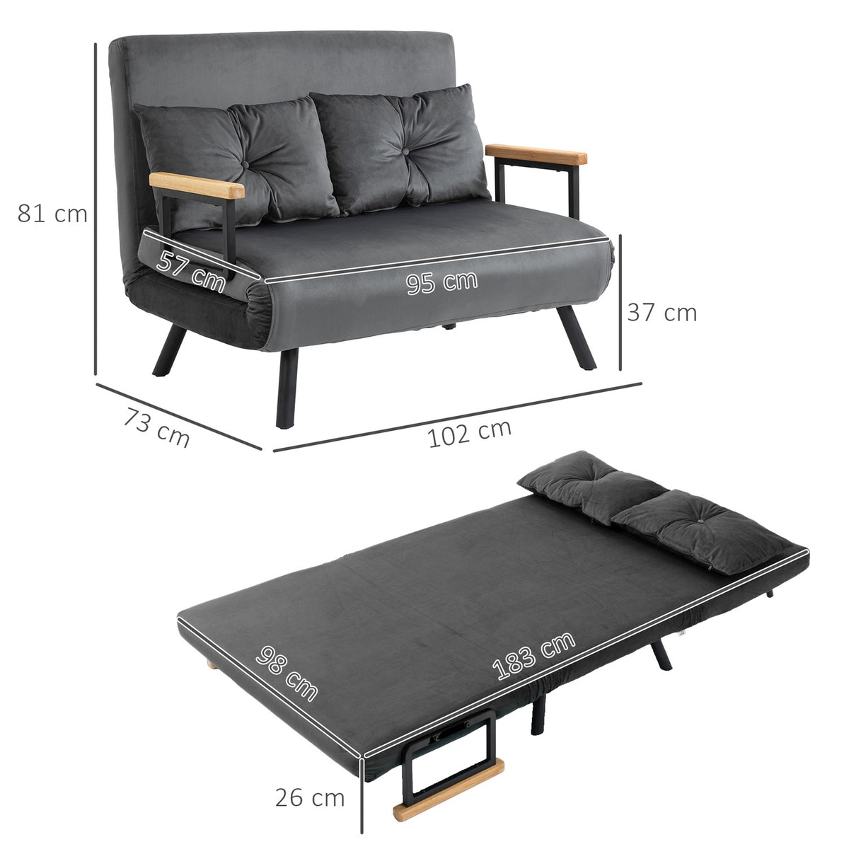 Sofa Bed With Bed Box, Couch With Sleeping Function, Sofa Bed With Velvet Look, Back Cushion, Dark Gray, 102 X 73 X 81 Cm