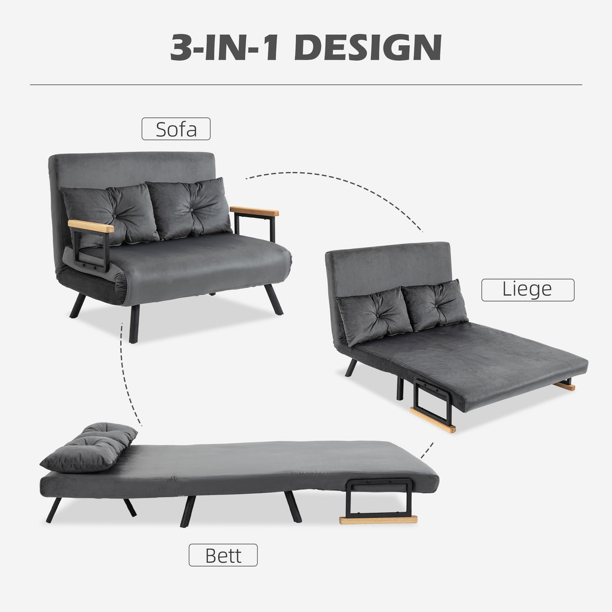 Sofa Bed With Bed Box, Couch With Sleeping Function, Sofa Bed With Velvet Look, Back Cushion, Dark Gray, 102 X 73 X 81 Cm