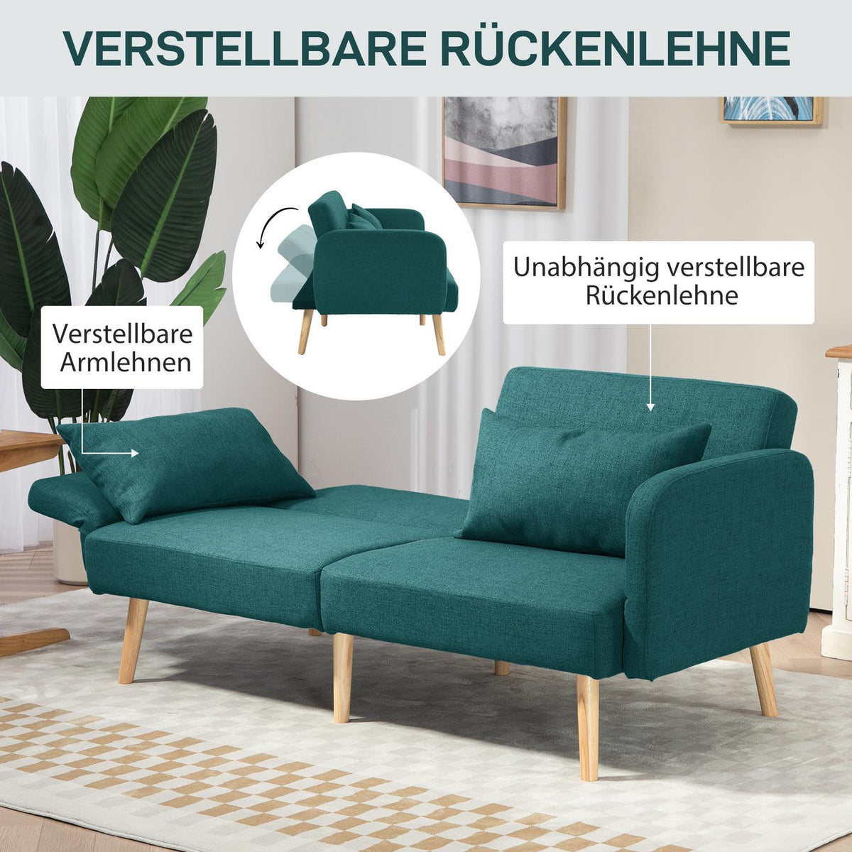 Sofa Bed with Adjustable Backrest, Linen Look, Green