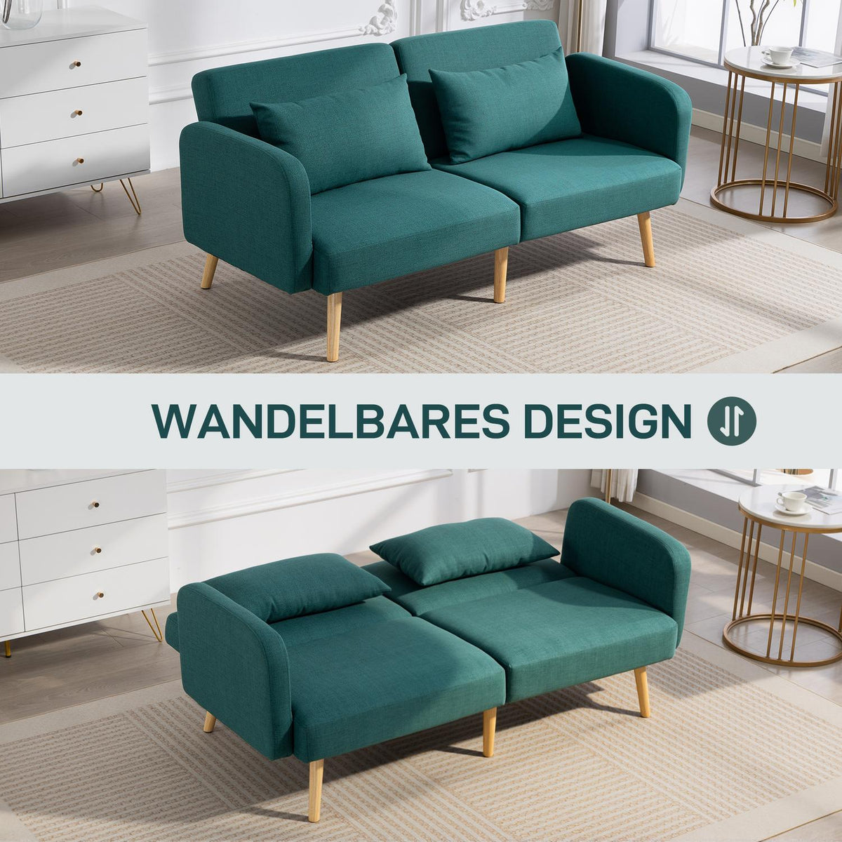 Sofa Bed with Adjustable Backrest, Linen Look, Green