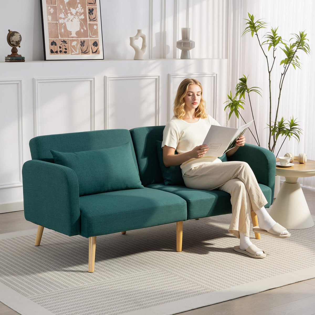 Sofa Bed with Adjustable Backrest, Linen Look, Green
