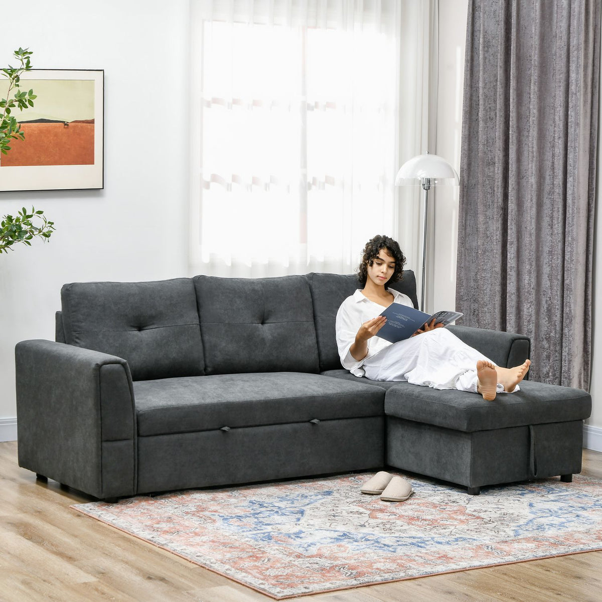Sofa Bed with Chaise, 3-Seater, Dark Gray