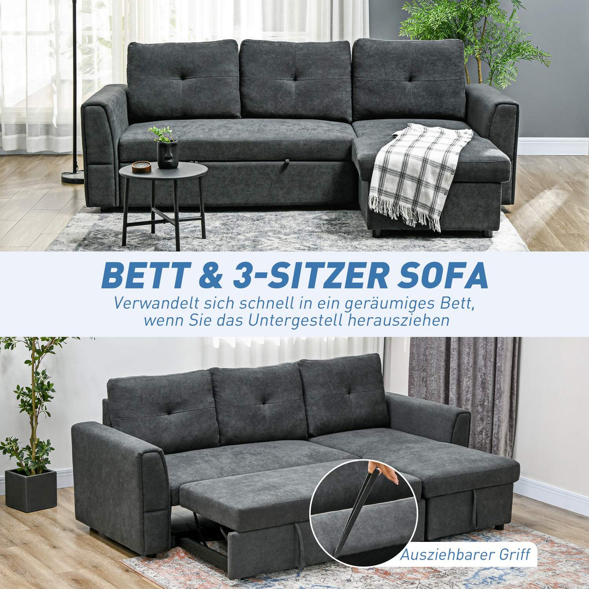 Sofa Bed with Chaise, 3-Seater, Dark Gray