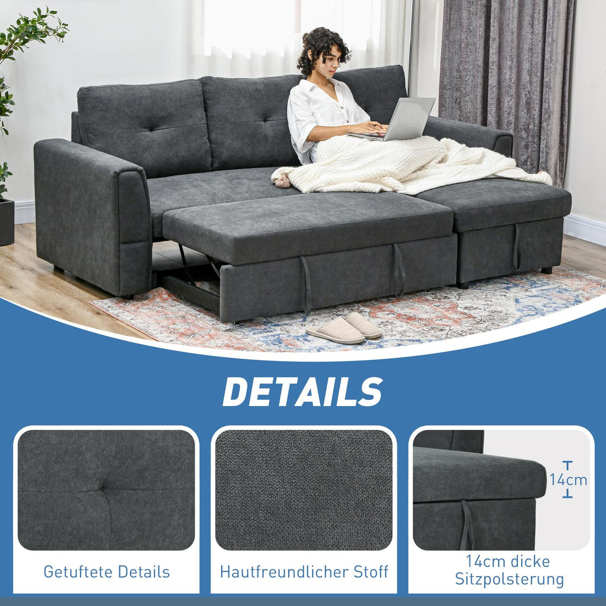 Sofa Bed with Chaise, 3-Seater, Dark Gray