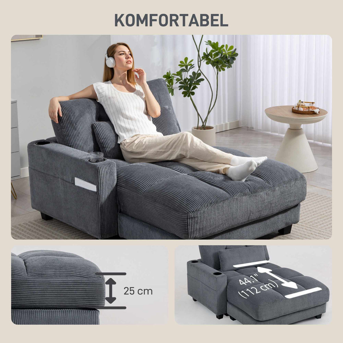 Sofa Bed with Cup Holders, Deep Seat, Dark Grey Cord